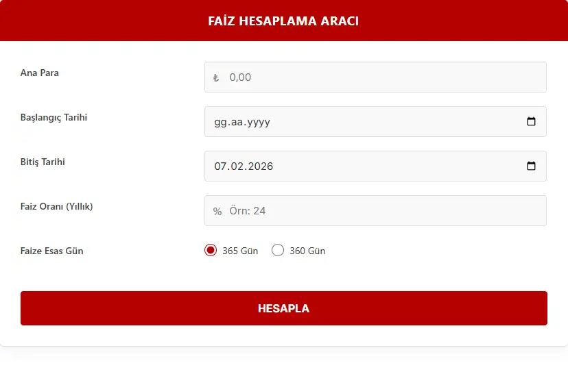 Yeni Yasal Faiz Hesaplama Robotu Hizmette Yasal Faiz Hesaplama Robotu Arayüzü