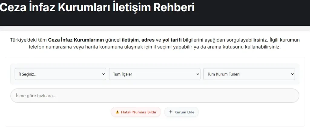 Ceza İnfaz Kurumları İletişim Rehberi Masaüstü Görünümü